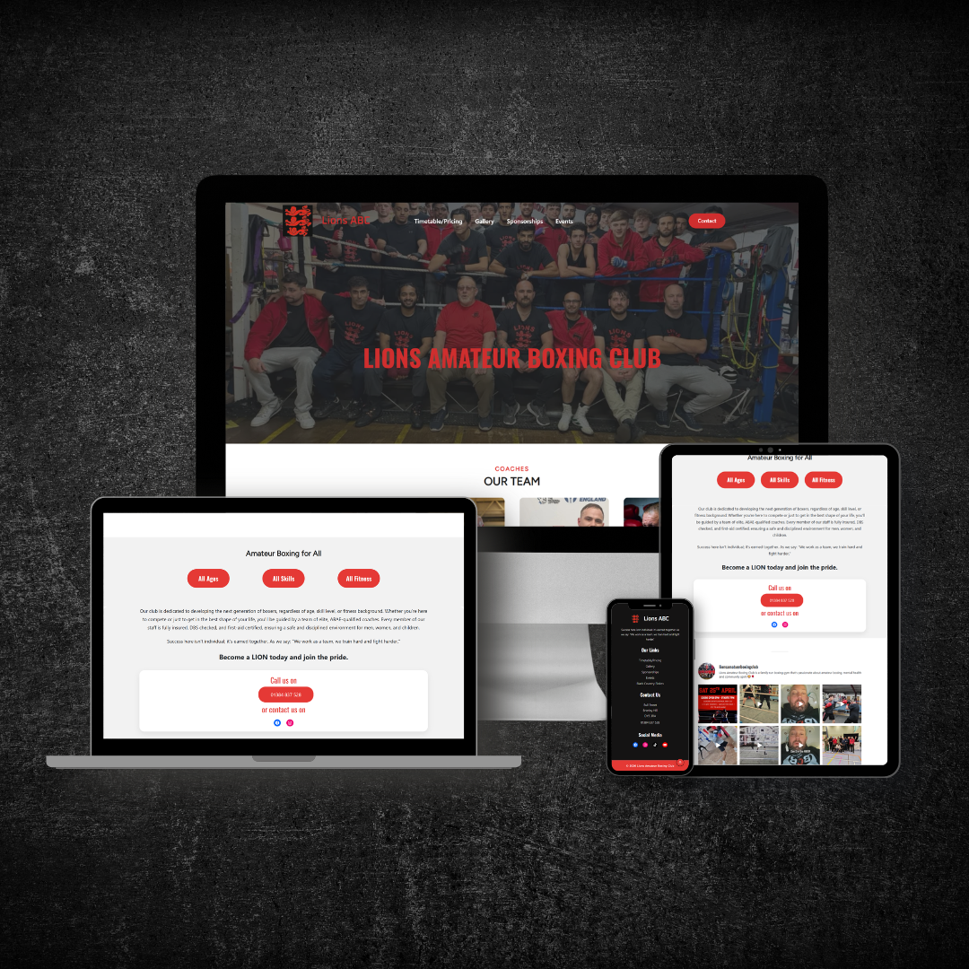 Lions Amateur Boxing Club website shown on desktop and mobile devices